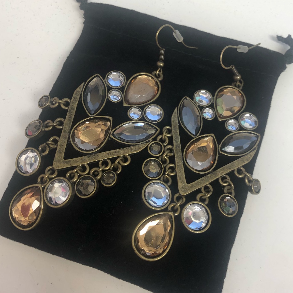 Antiqued Burnished Dangle Earrings W/Topaz & Clear